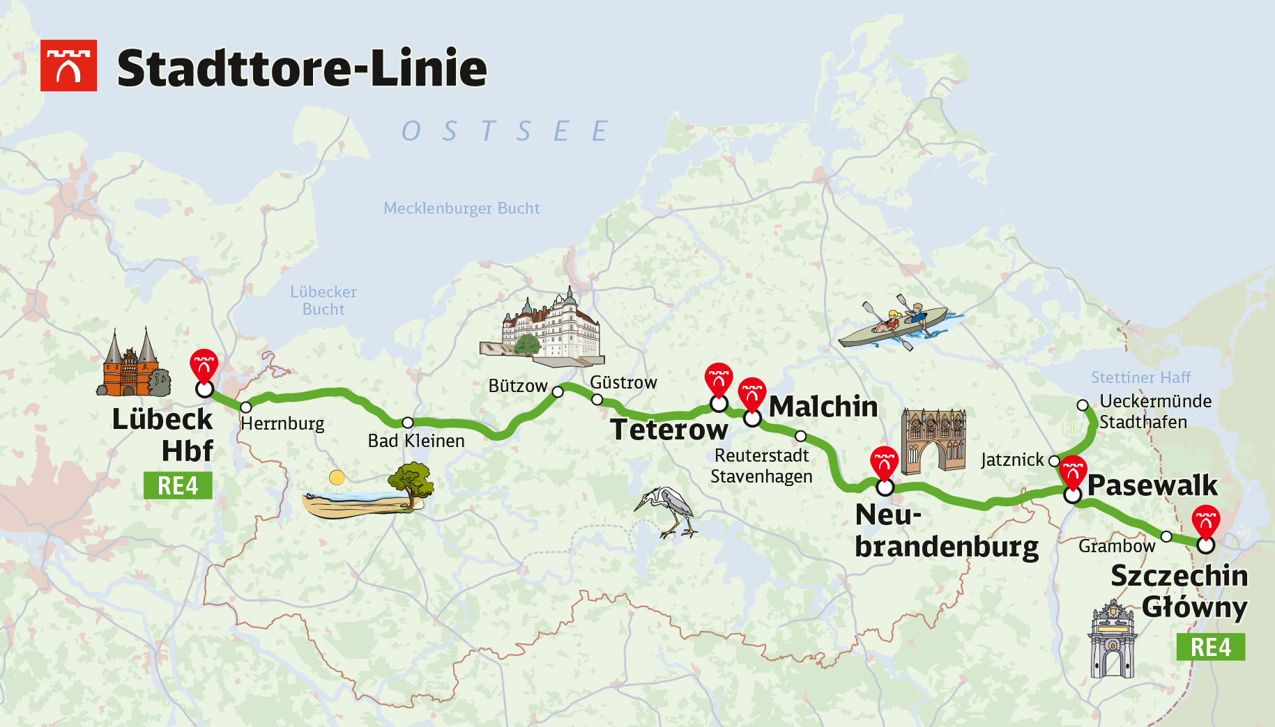 SPNV-Karte der Linie RE4 von Lübeck Hbf nach Stettin Hbf
