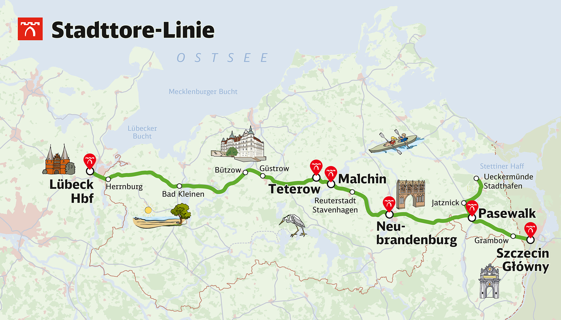 Geografische Streckenkarte der Regional-Express-Linie RE4 von Lübeck Hbf nach Stettin Hbf