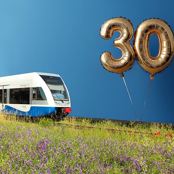 Ein blau-weißer Bus und eine blau-weiße Bahn auf einer Blumenwiese, daneben eine „30“ aus Luftballons 