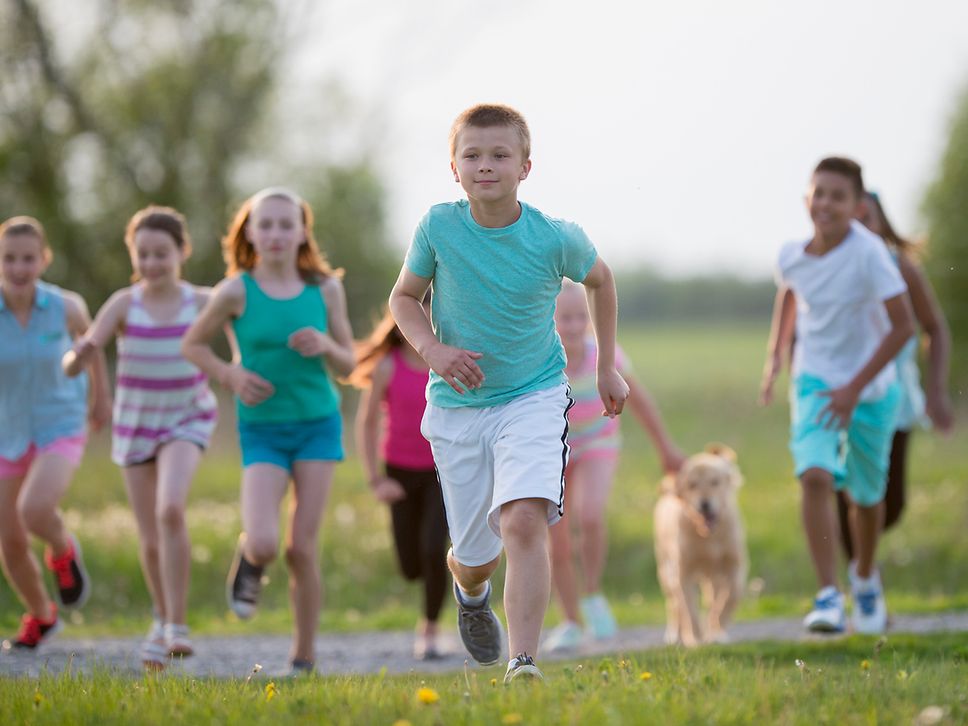 Eine Gruppe von Kindern und ein Hund laufen über eine grüne Wiese auf den Betrachtenden zu