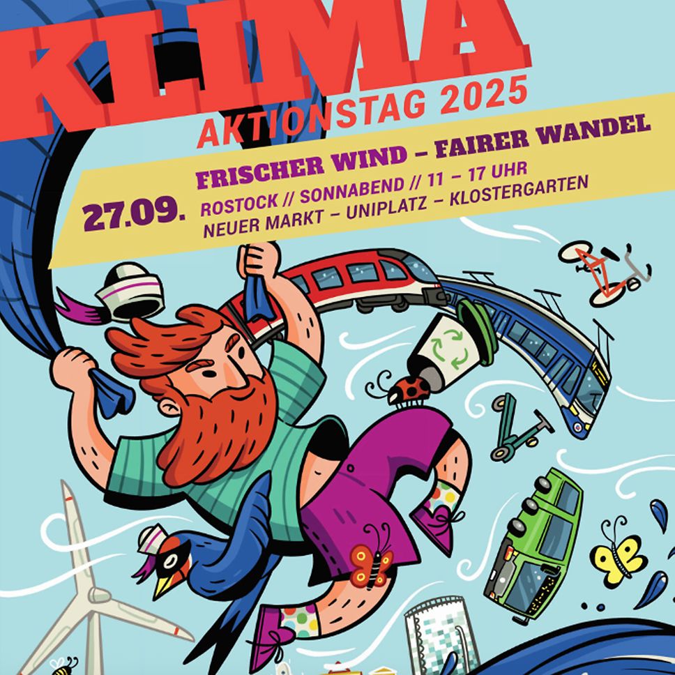 Illustration eines Mannes mit Fallschirm, umgeben von Fahrzeugen, darüber Motto und Schriftzug des Klima-Aktionstags 2025