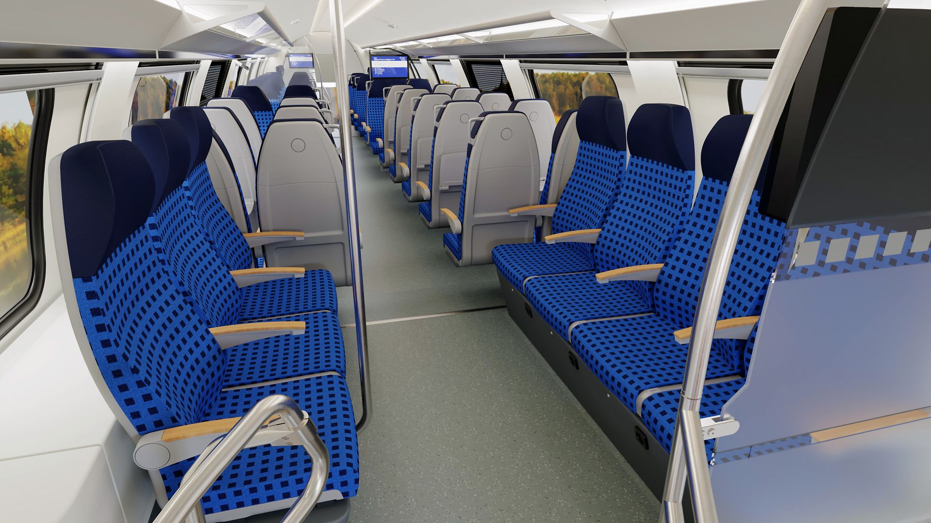 Simulation der 2. Klasse im Oberdeck eines KISS-Doppelstockwagens