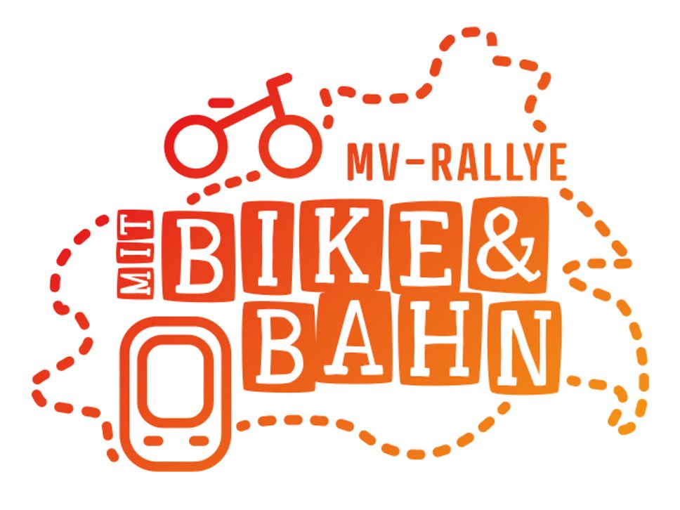 Logo der MV-Rallye mit Bike und Bahn: Stilisiertes Fahrrad und stilisierter Zug verbunden mit einer gestrichelten Linie.