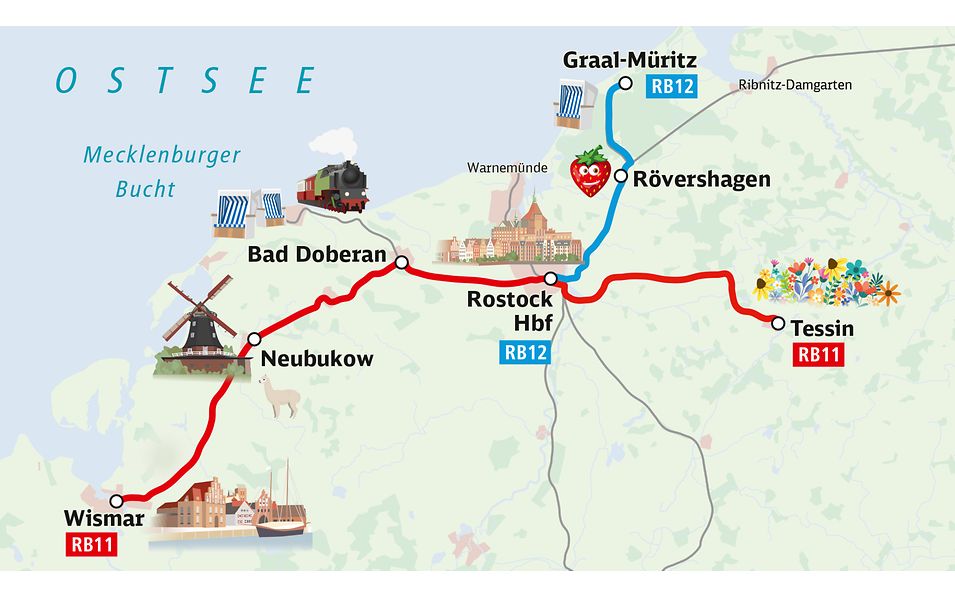 Geografische Streckenkarte der Regionalbahnlinien RB11 (Wismar – Tessin) und RB12 (Rostock – Graal-Müritz)