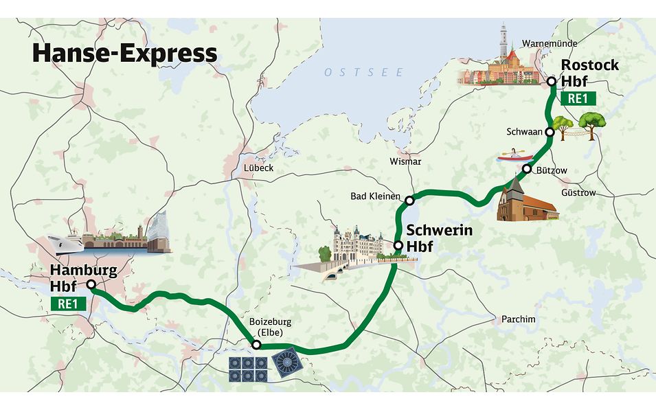Geografische Streckenkarte der Regional-Express-Linie RE1 von Hamburg Hbf nach Rostock Hbf