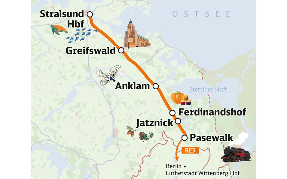 Karte der Linie RE3 mit den Halten Stralsund Hbf, Greifswald, Anklam, Ferdinandshof, Jatznick und Pasewalk