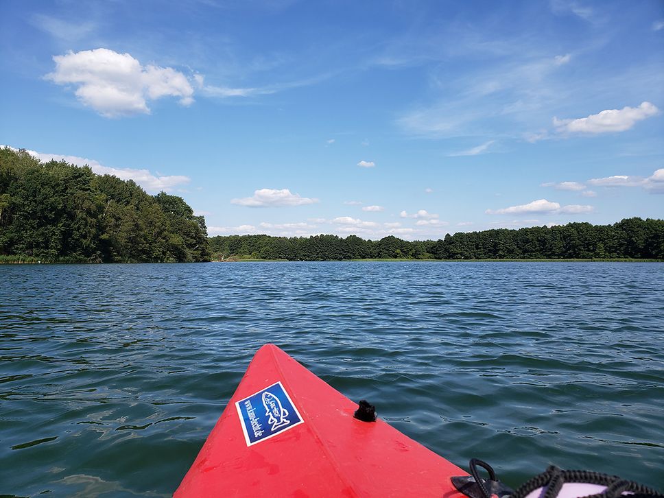 Blick aus dem Kanu, die rote Spitze des Paddlebootes durchpflügt den grün besäumten See