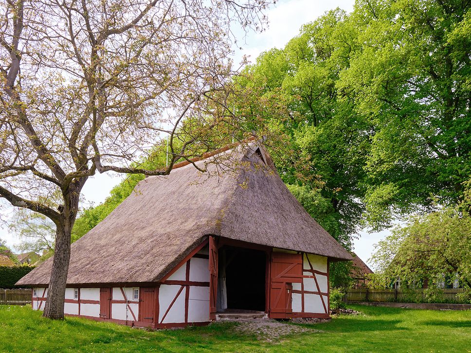 Historisches Fachwerkhaus mit Reetdach in Schwerin-Mueß