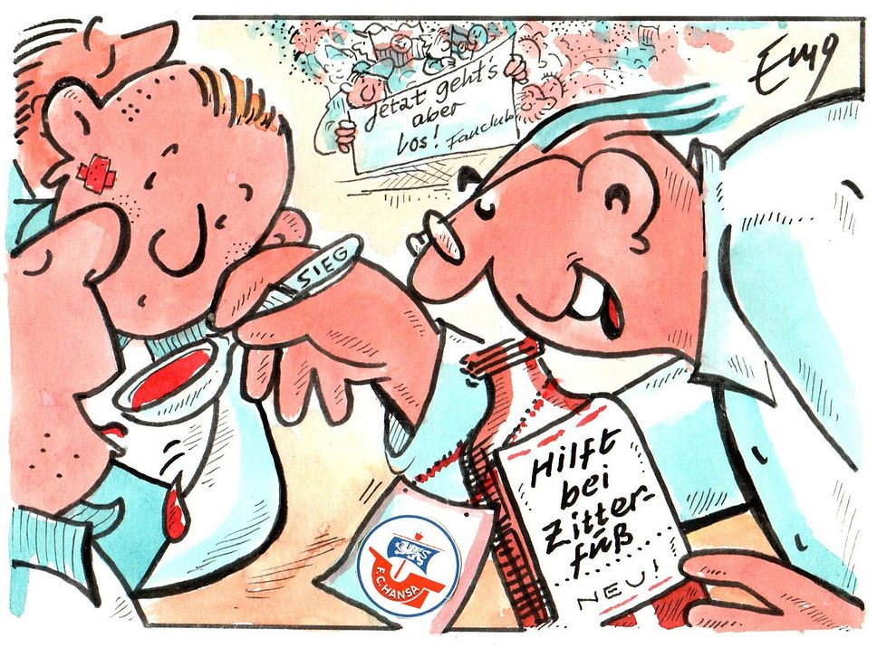 Karikatur von Günter Endlich: Tinktur gegen „Zitterfuß“ für den FC Hansa Rostock.