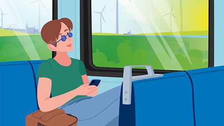 Illustration eines jungen Mannes mit Sonnenbrille und Smartphone, der im Bus sitzt und in die Landschaft schaut