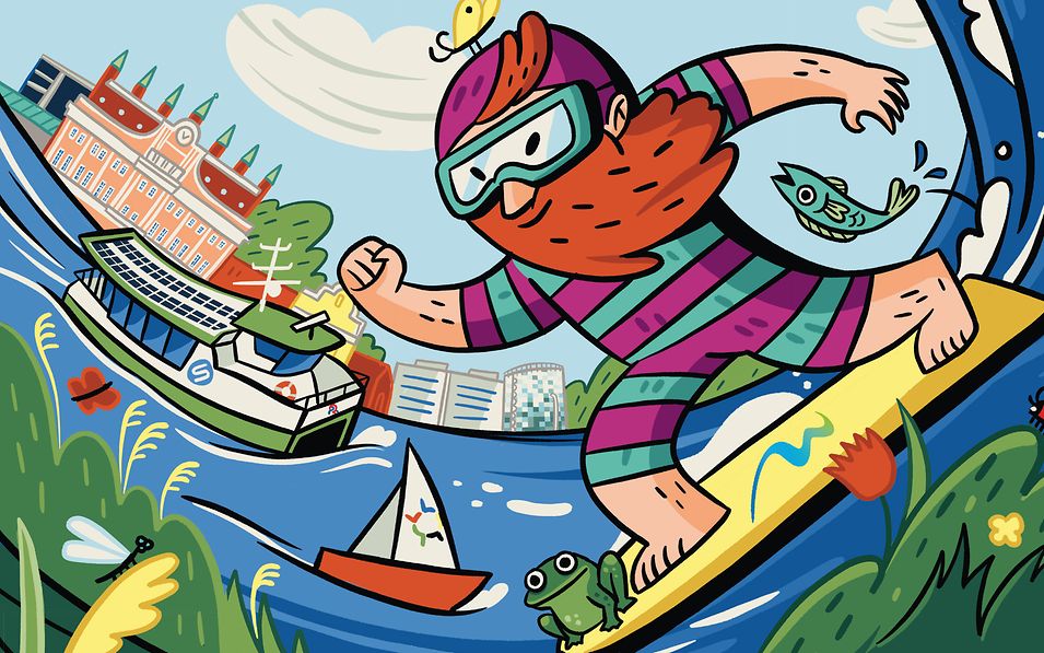 Illustration eines bärtigen Surfers mit Taucherbrille, auf der Warnow im Hintergrund das Rostocker Rathaus