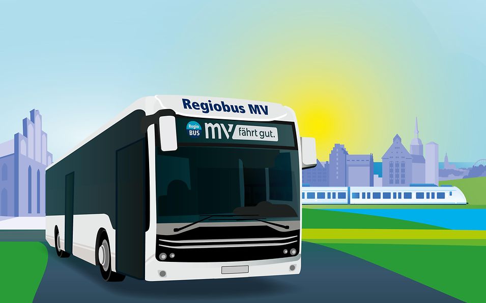 Illustration mit einem Regiobus im Vordergrund, dahinter ein Zug und verschiedene Landmarkensilhouetten
