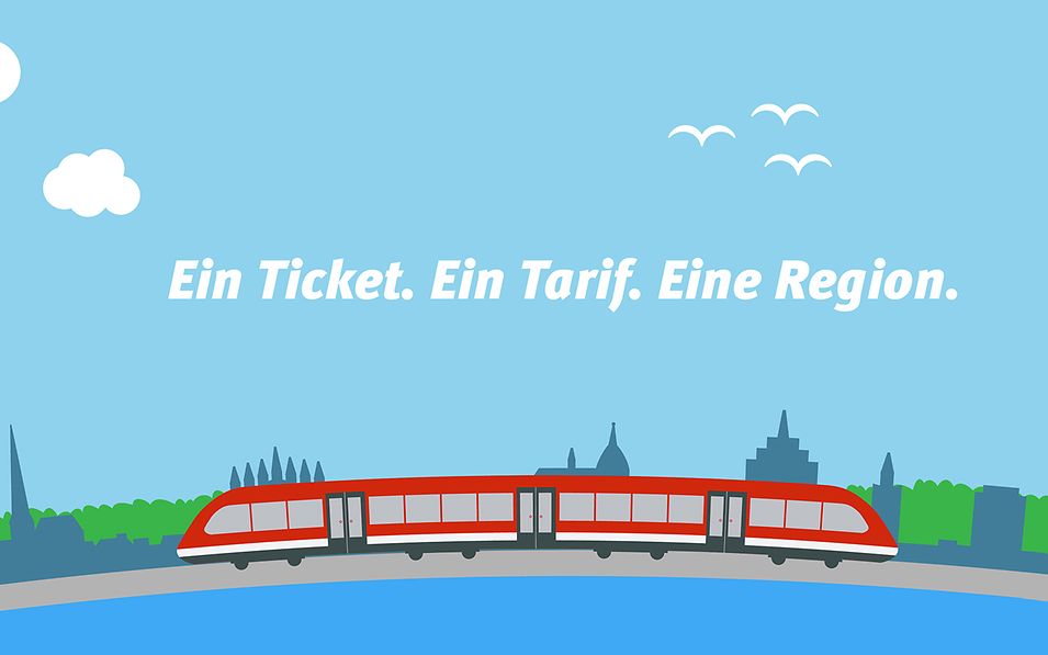 Illustration mit einem roten Zug im Vordergrund, davor Wasser, dahinter eine Stadtsilhouette und grüne Bäume